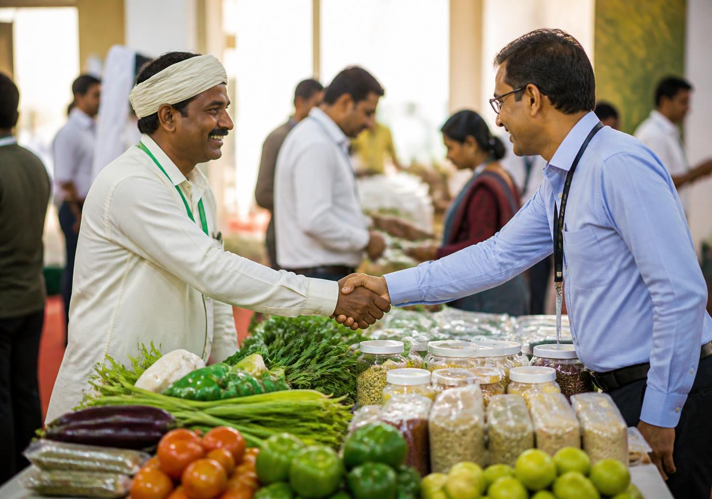 किसान और खरीदार ताज़ी उपज पर हाथ मिलाते हुए